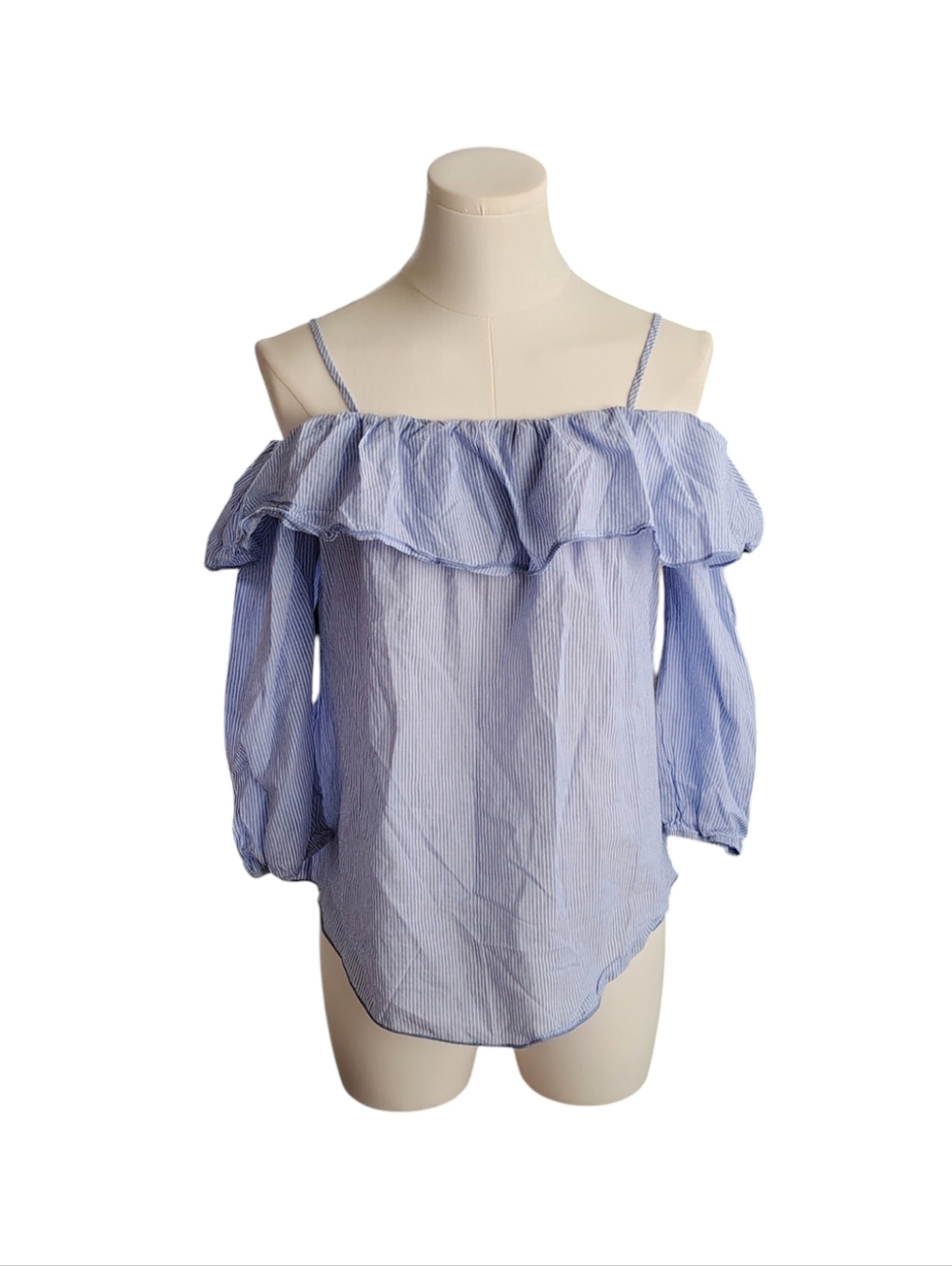 E Hanger M Cotton Blue Ruffled Pinstriped Off-the-Shoulder Blouse Size Small
